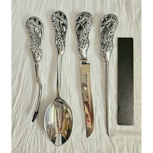 5 Piece Bruce Fox Design Turkey Handle Serving Set Fork Knife Spoon Honing Steel - Picture 2 of 14